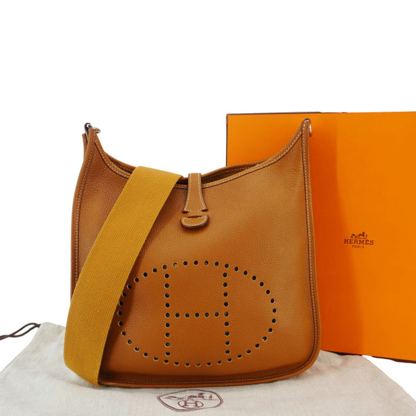 HERMES Evelyne PM Clemence Leather Crossbody Bag Brown