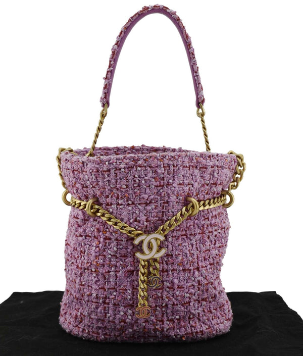 CHANEL Pending CC Tweed Enamel Drawstring Tote Bucket Bag Pink