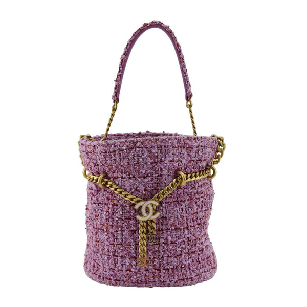 CHANEL Pending CC Tweed Enamel Drawstring Tote Bucket Bag Pink