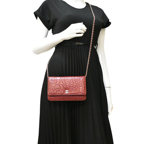 CHANEL Camellia Wallet On Chain Leather Crossbody Bag Red