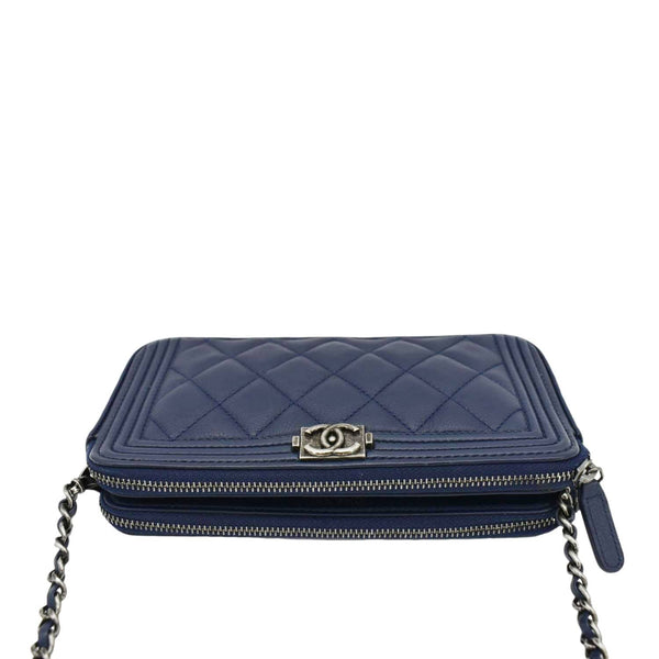 CHANEL Boy Double Zip Wallet on Chain Caviar Leather Crossbody Bag Navy Blue