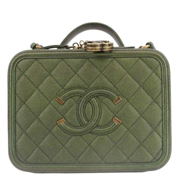 CHANEL Vanity Case Filigree CC Iridescent Quilted Caviar Leather Shoulder Bag Green