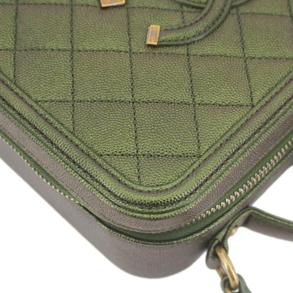 CHANEL Vanity Case Filigree CC Iridescent Quilted Caviar Leather Shoulder Bag Green