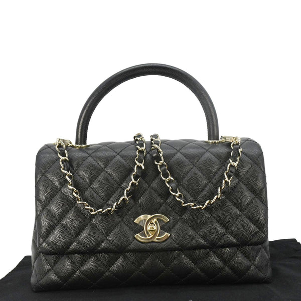 CHANEL Coco Flap Medium Quilted Caviar Leather Handle Shoulder Bag Black