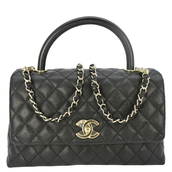 CHANEL Coco Flap Medium Quilted Caviar Leather Handle Shoulder Bag Black