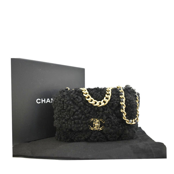 CHANEL Shearling 19 Flap Medium Sheepskin Shoulder Bag Black