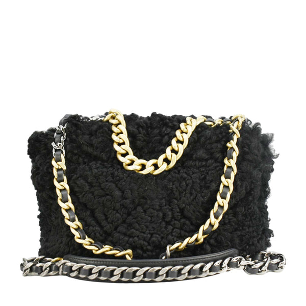 CHANEL Shearling 19 Flap Medium Sheepskin Shoulder Bag Black