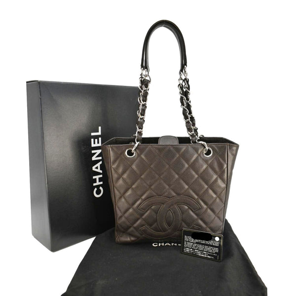 CHANEL Petite Quilted Caviar Leather Shopping Tote Shoulder Bag Dark Brown