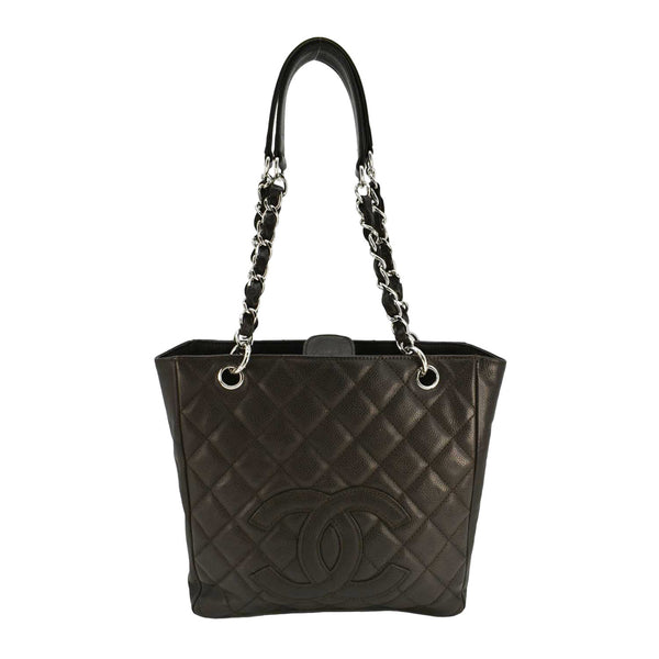 CHANEL Petite Quilted Caviar Leather Shopping Tote Shoulder Bag Dark Brown