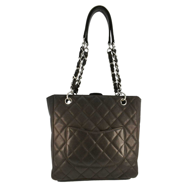 CHANEL Petite Quilted Caviar Leather Shopping Tote Shoulder Bag Dark Brown