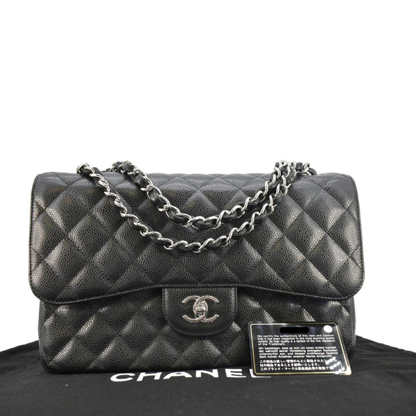 CHANEL Jumbo Classic Double Flap Quilted Caviar Leather Shoulder Bag Black