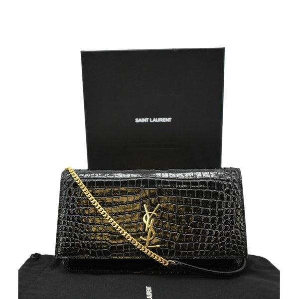 YVES SAINT LAURENT Kate Monogram Crocodile Leather Shoulder Bag Black