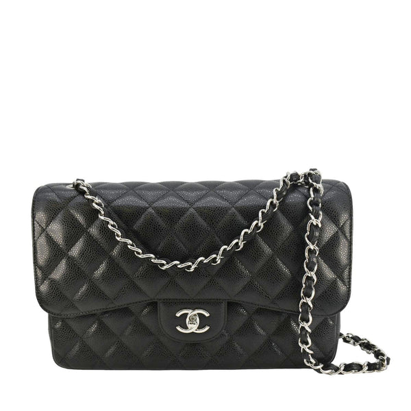 CHANEL Jumbo Classic Double Flap Quilted Caviar Leather Shoulder Bag Black