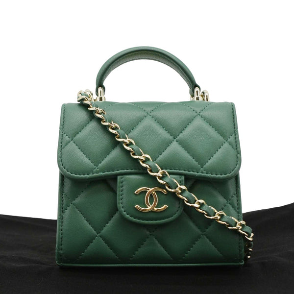 CHANEL Mini Top Handle Leather Crossbody Clutch Bag Green