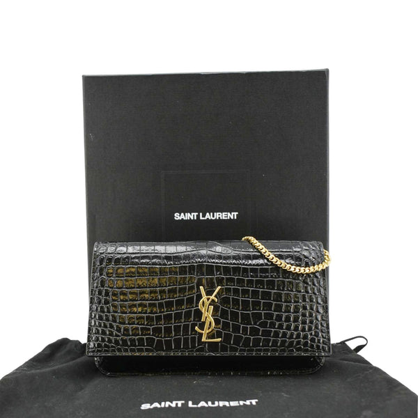 YVES SAINT LAURENT Monogram Sunset Crocodile Embossed Leather Shoulder Bag Black