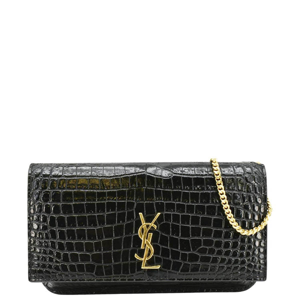 YVES SAINT LAURENT Monogram Sunset Crocodile Embossed Leather Shoulder Bag Black