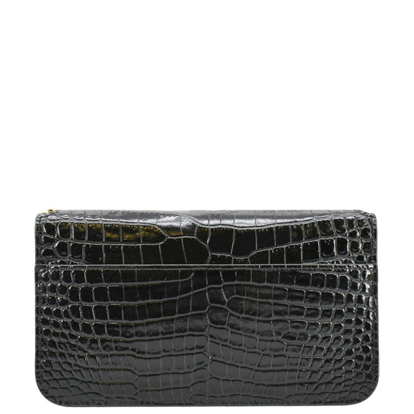 YVES SAINT LAURENT Monogram Sunset Crocodile Embossed Leather Shoulder Bag Black