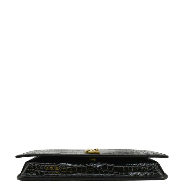 YVES SAINT LAURENT Monogram Sunset Crocodile Embossed Leather Shoulder Bag Black