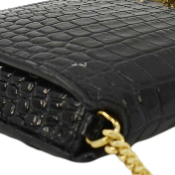 YVES SAINT LAURENT Monogram Sunset Crocodile Embossed Leather Shoulder Bag Black