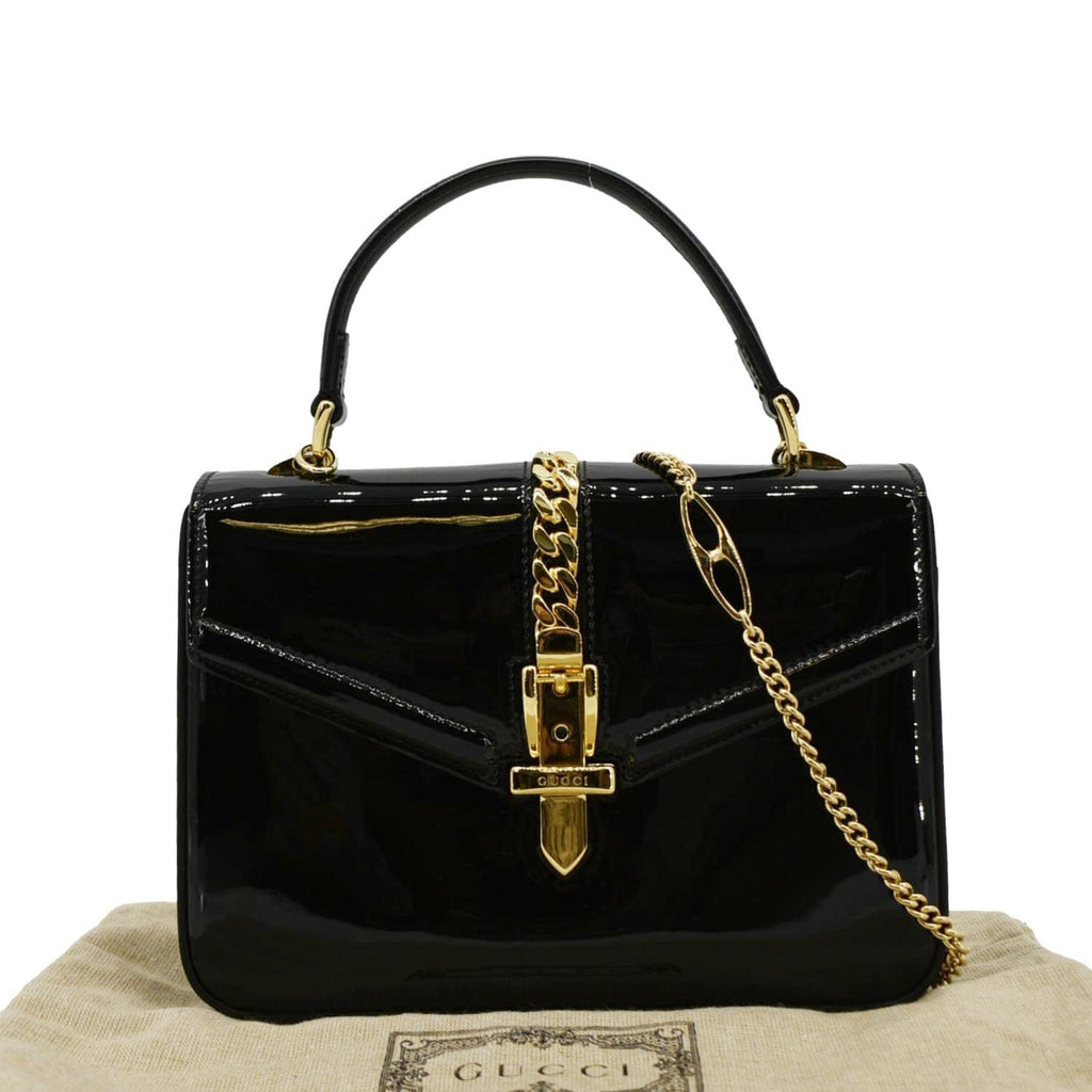 GUCCI Sylvie 1969 Patent Leather Top Handle Crossbody Bag Black 589479