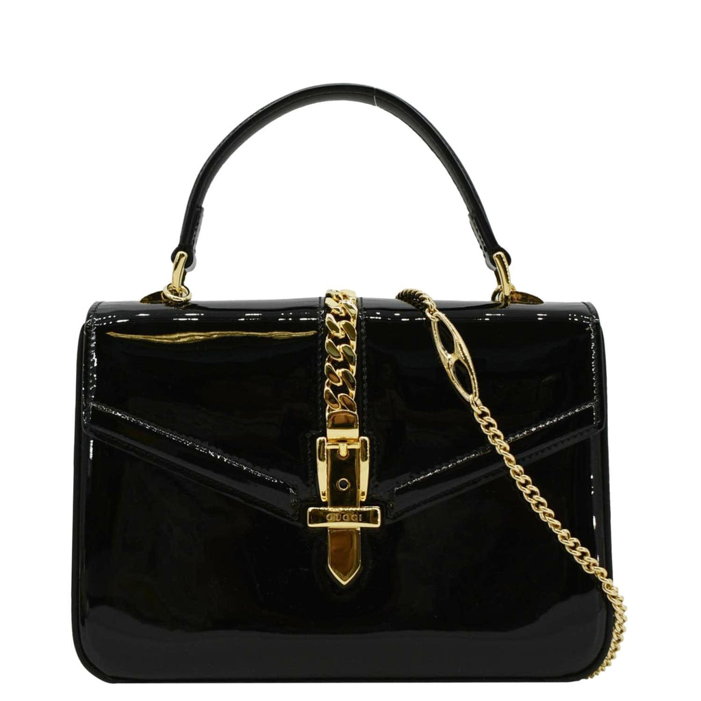 GUCCI Sylvie 1969 Patent Leather Top Handle Crossbody Bag Black 589479