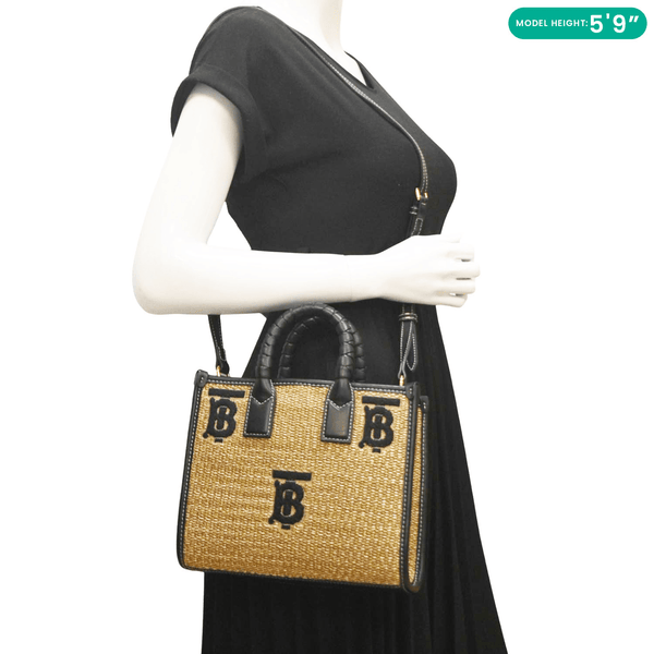 BURBERRY Freya Mini Raffia Tote Shoulder Bag Black