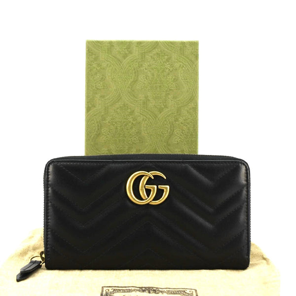 GUCCI GG Marmont Matelasse Chevron Leather Zip Around Wallet Black 443123