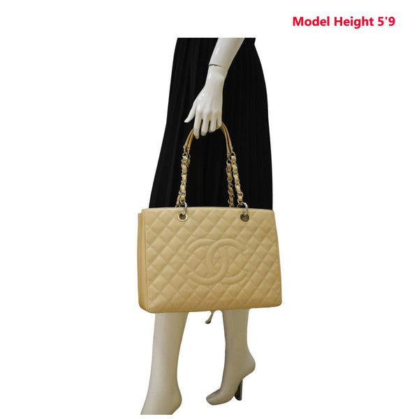 CHANEL Grand Shopping Quilted Caviar Leather GST Tote Bag Beige