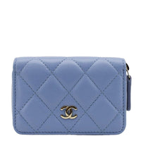 Chanel Classic Zipped Quilted Leather Wallet Light Blue