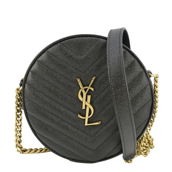 YVES SAINT LAURENT Vinyle Round Chevron Leather Camera Crossbody Bag Black