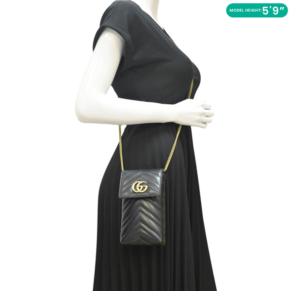 GUCCI GG Marmont Mini Matelasse Leather Chain Crossbody Bag Black 672251