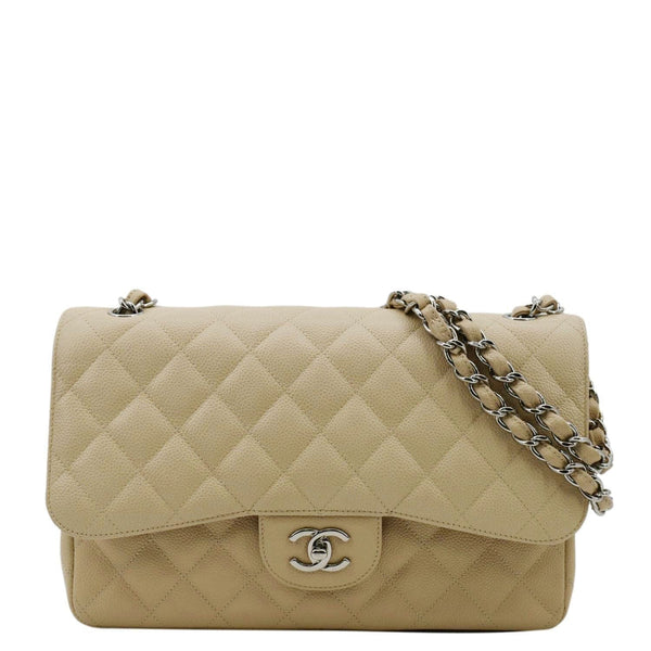 CHANEL Classic Jumbo Double Flap Quilted Caviar Leather Shoulder Bag Cream