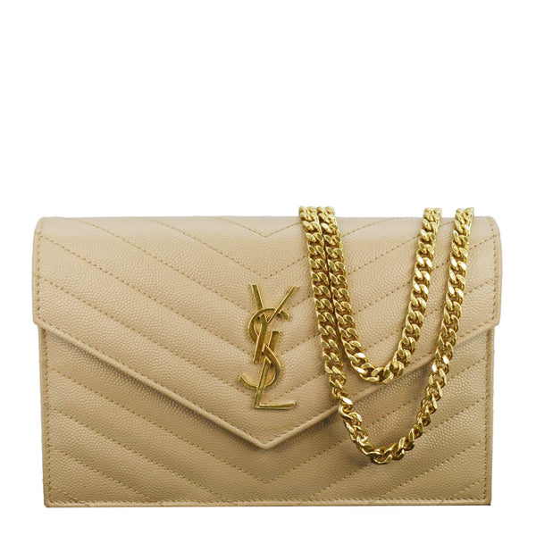 YVES SAINT LAURENT Cassandre Leather Chain Crossbody Bag Beige