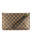 LOUIS VUITTON Neverfull Pochette Damier Ebene Wristlet Pouch Rose Ballerine