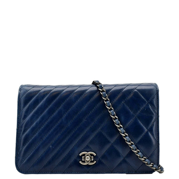 CHANEL Coco Boy Quilted Calfskin Leather Wallet On Chain Crossbody Bag Navy Blue