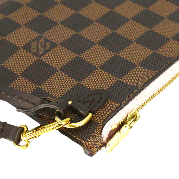 LOUIS VUITTON Neverfull Pochette Damier Ebene Wristlet Pouch Rose Ballerine