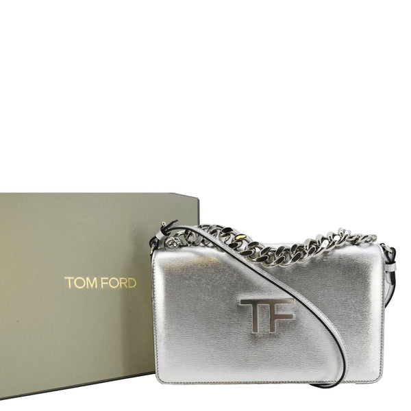 TOM FORD Metallic Palmellato Leather TF Chain Shoulder Bag Silver