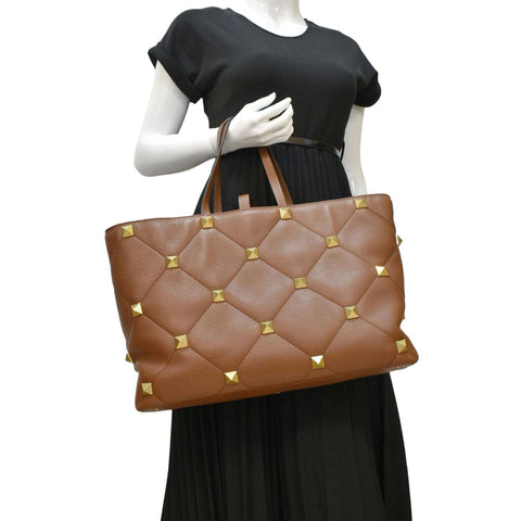 VALENTINO Large Roman Stud Tote Bag Saddle Brown