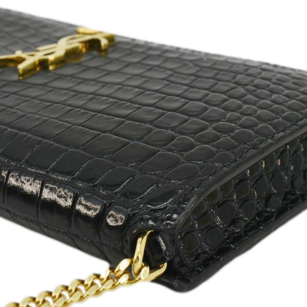 YVES SAINT LAURENT Monogram Crocodile Embossed Leather Phone Holder Black