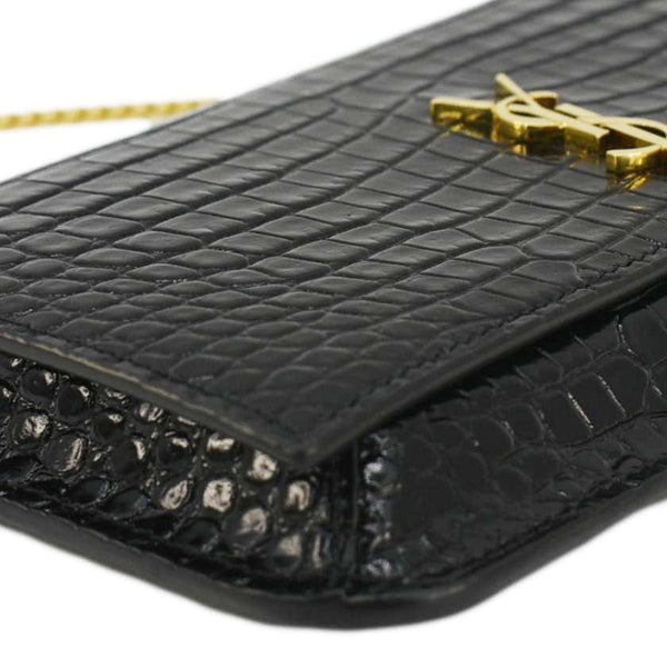 YVES SAINT LAURENT Monogram Crocodile Embossed Leather Phone Holder Black