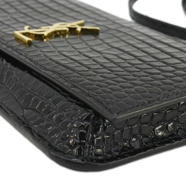 YVES SAINT LAURENT Monogram Crocodile Embossed Leather Phone Holder Black