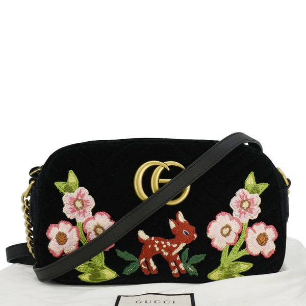 GUCCI GG Marmont Small Matelasse Deer Embroidered Velvet Camera Bag Black 447632