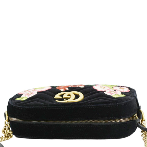 GUCCI GG Marmont Small Matelasse Deer Embroidered Velvet Camera Bag Black 447632