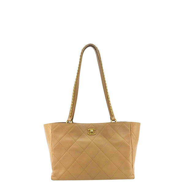 CHANEL Quilted Leather Shopping Tote Bag Beige