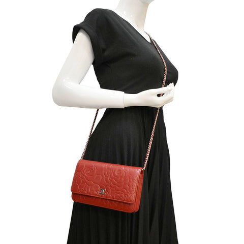 CHANEL Camellia Wallet On Chain Leather Crossbody Bag Red