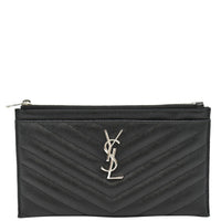 YVES SAINT LAURENT Monogram Bill Grain De Poudre Chevron Leather Zip Pouch Black