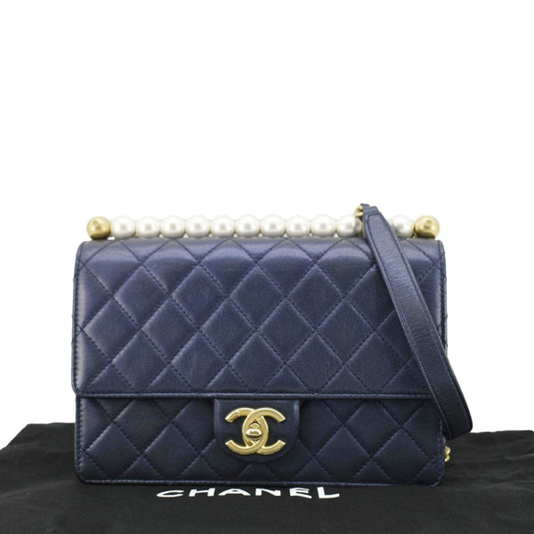 CHANEL Chic Pearls Flap Small Quilted Leather Shoulder Bag Navy Blue