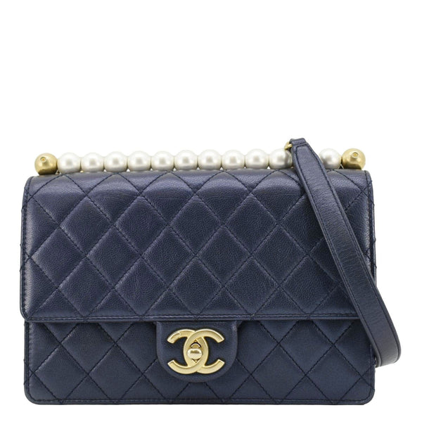 CHANEL Chic Pearls Flap Small Quilted Leather Shoulder Bag Navy Blue