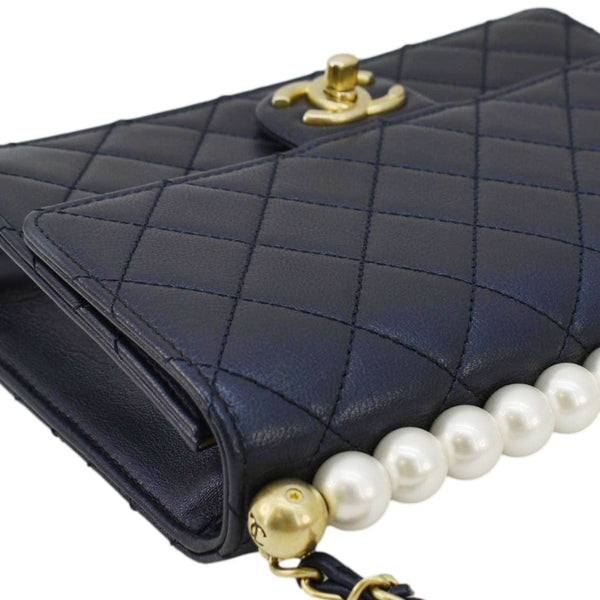 CHANEL Chic Pearls Flap Small Quilted Leather Shoulder Bag Navy Blue