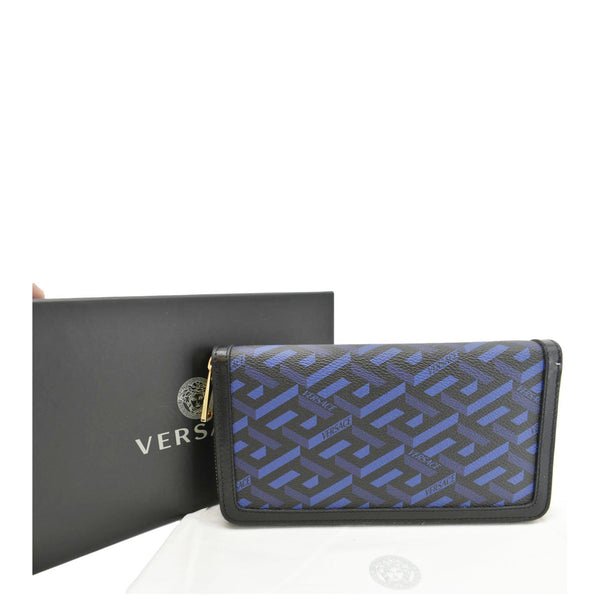 VERSACE  La Greca Coated Canvas Long Zip Wallet Blue